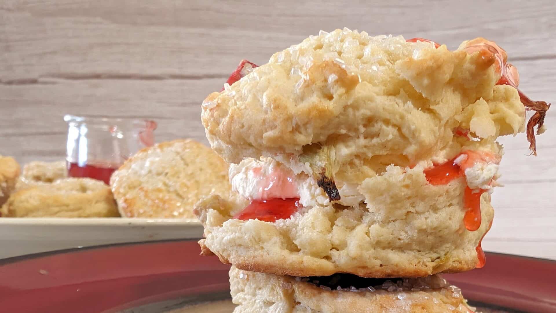rhubarb scones with strawberry rhubarb jam and clotted cream