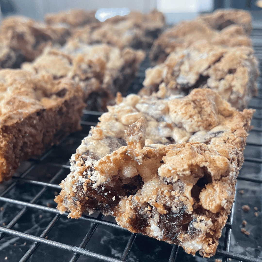 Chewy date and walnut squares made with oat flour.