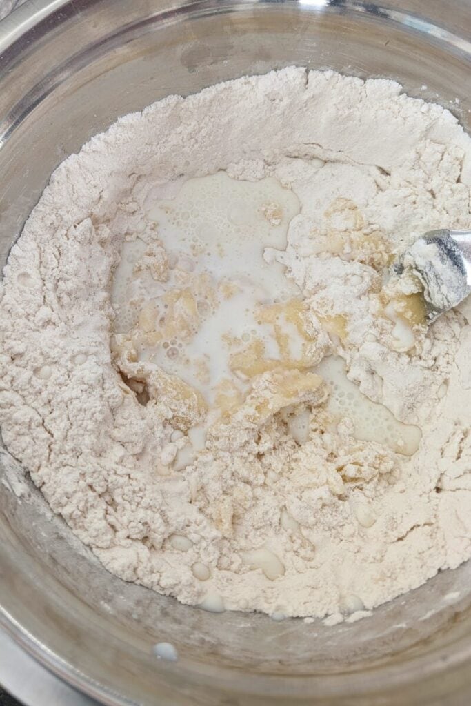 adding milk while mixing dry into wet ingredients