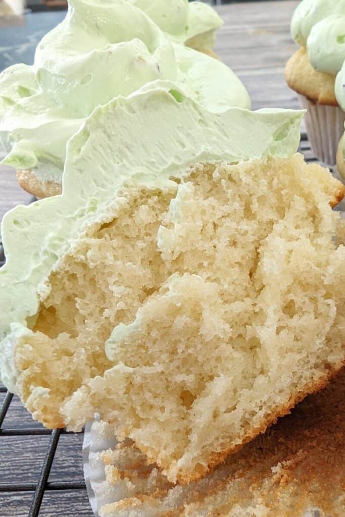 inside the pistachio cupcake with pistachio frosting