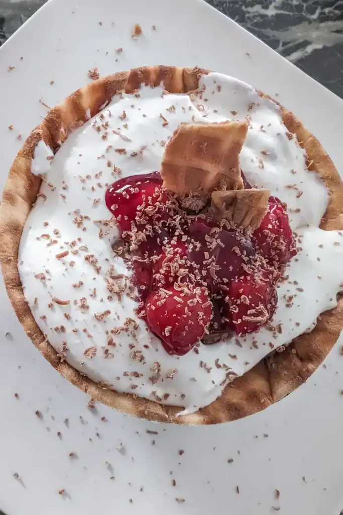 no bake chocolate cherry cheesecake waffles bowls (2)