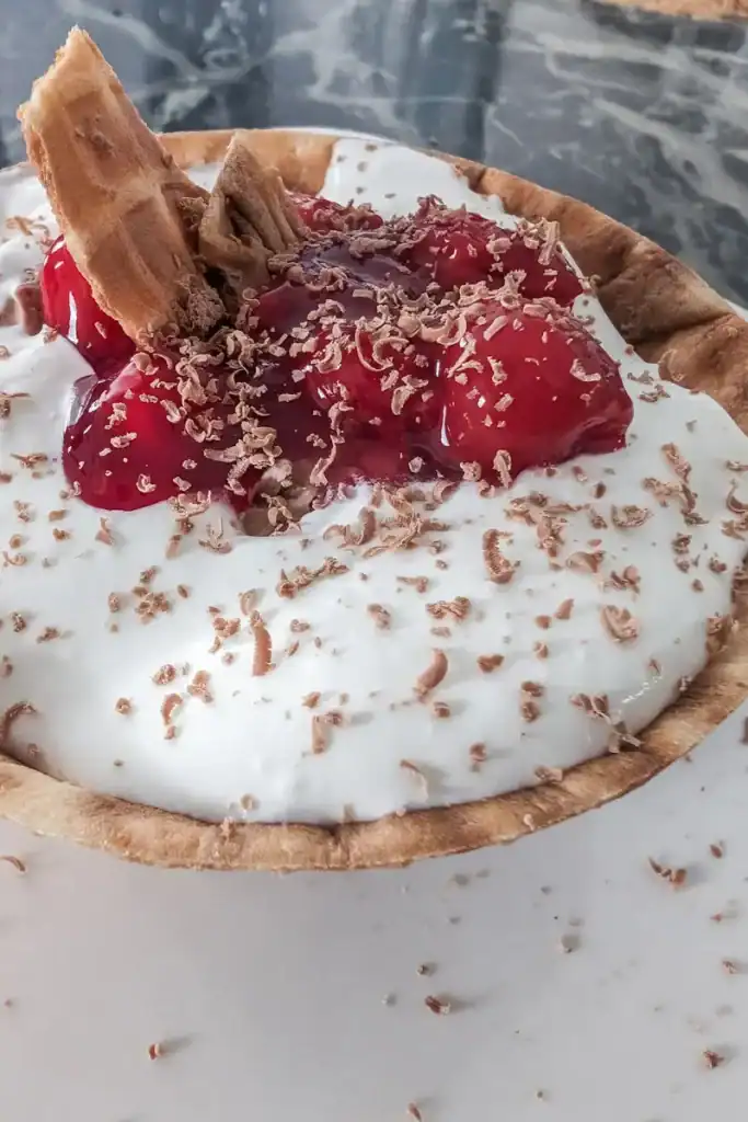 no bake chocolate cherry cheesecake waffles bowls (5)