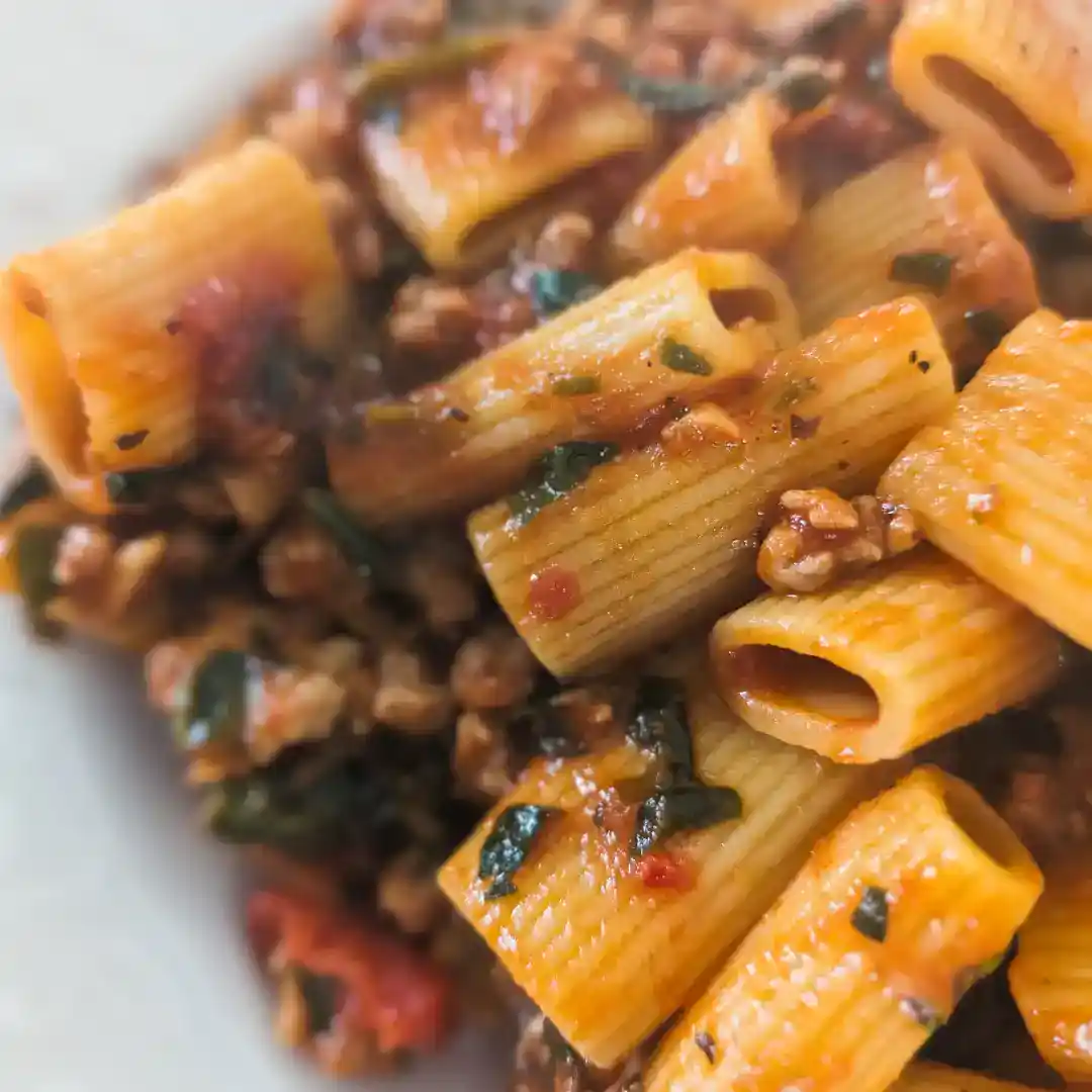 the recipe card image of the pasta with crumbled sausage and mushroom tomato basil sauce