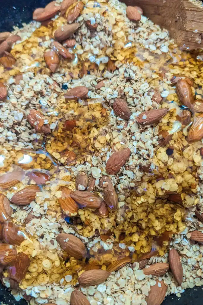 adding the wildflower honey to the skillet