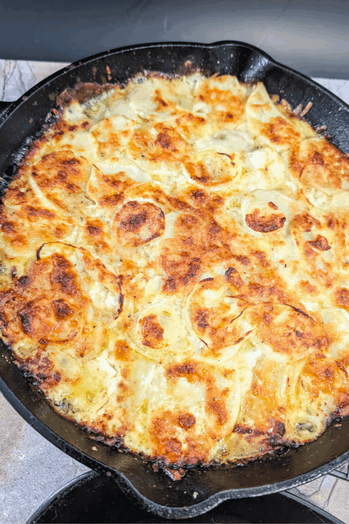 baked from oven golden potatoes gratin in cast iron skillet