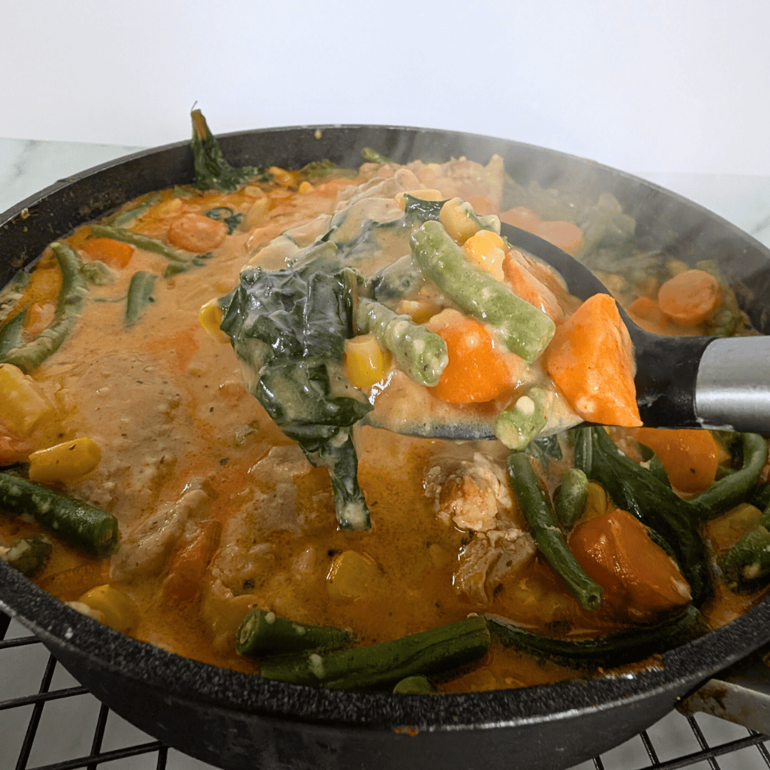 one pan creamy chicken thigh dinner with beet greens