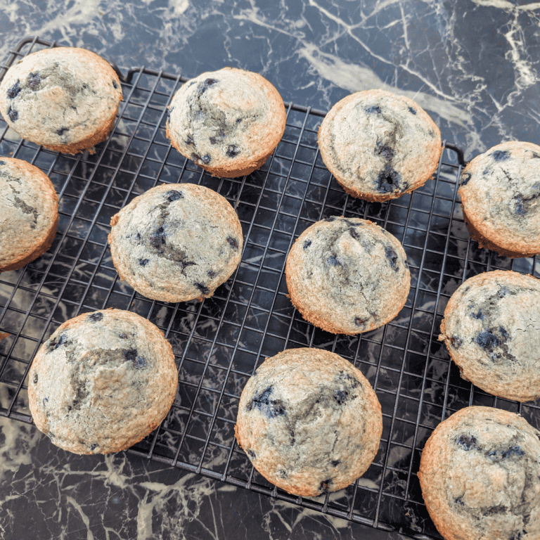 Delicious homemade blueberry muffins made with frozen Canadian wild blueberries, perfect for breakfa.