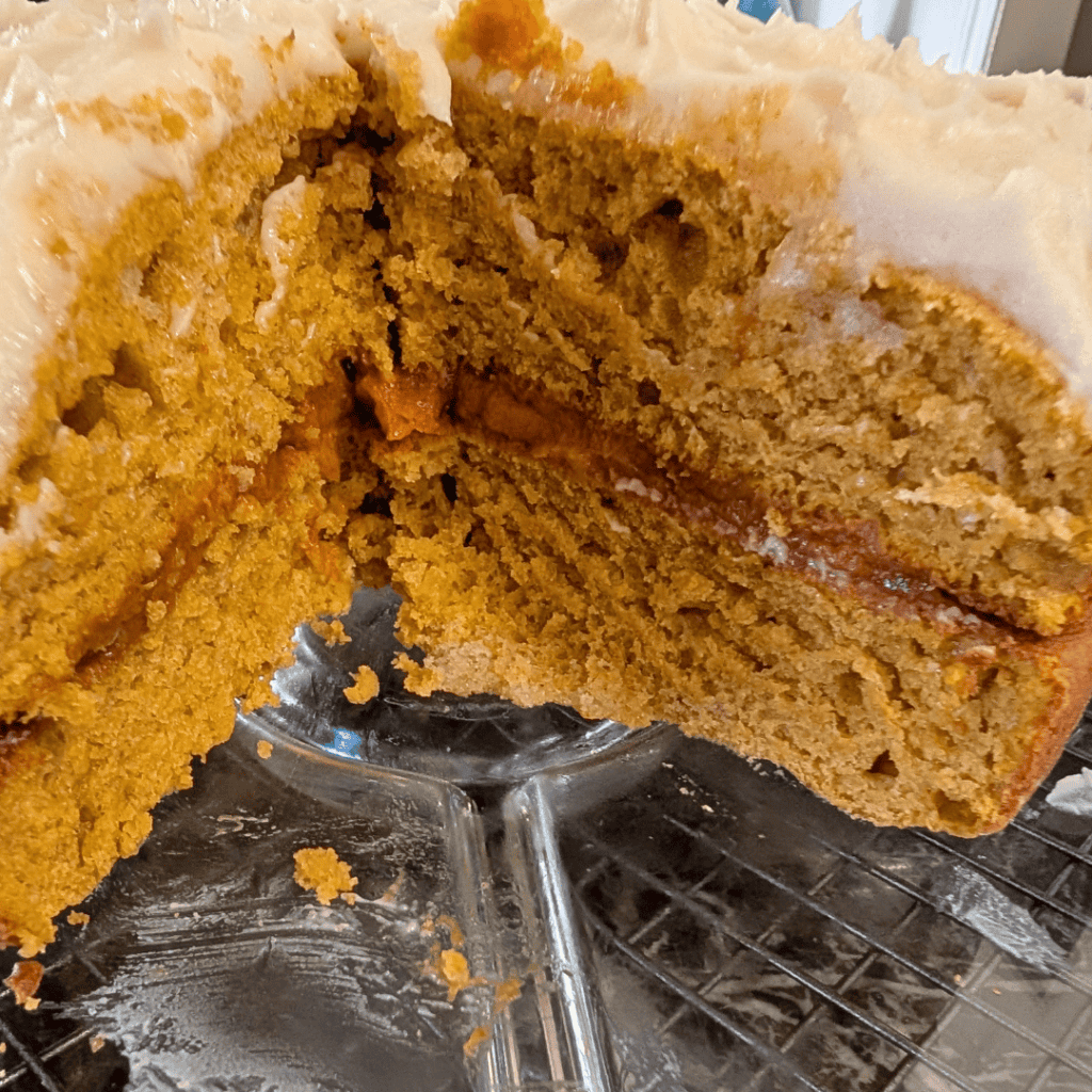 inside the two layer pumpkin cake with cake filling